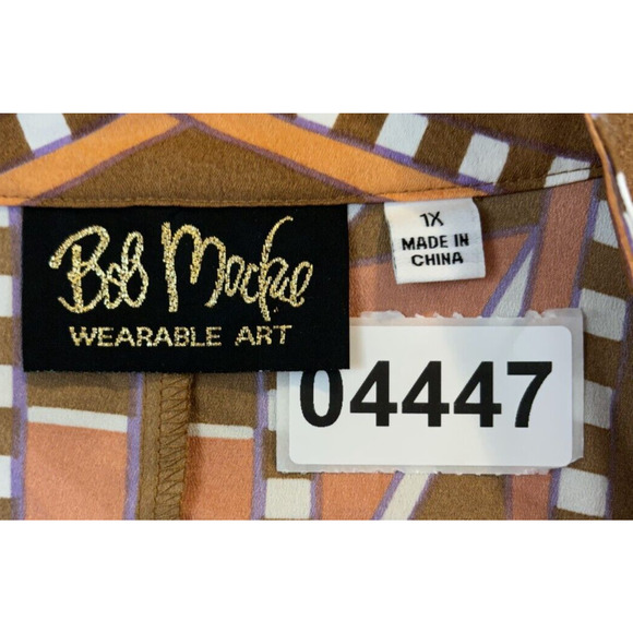 Bob Mackie Top Womens 1X Brown Orange Wearable Art Button-Up Padded Blouse - Picture 10 of 10